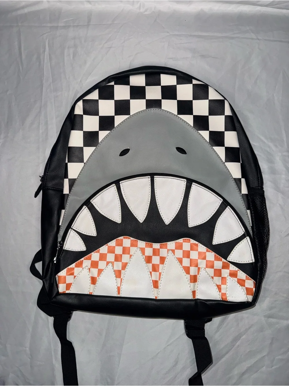 Shark Checkerboard Backpack in Black, White, Gray & Orange